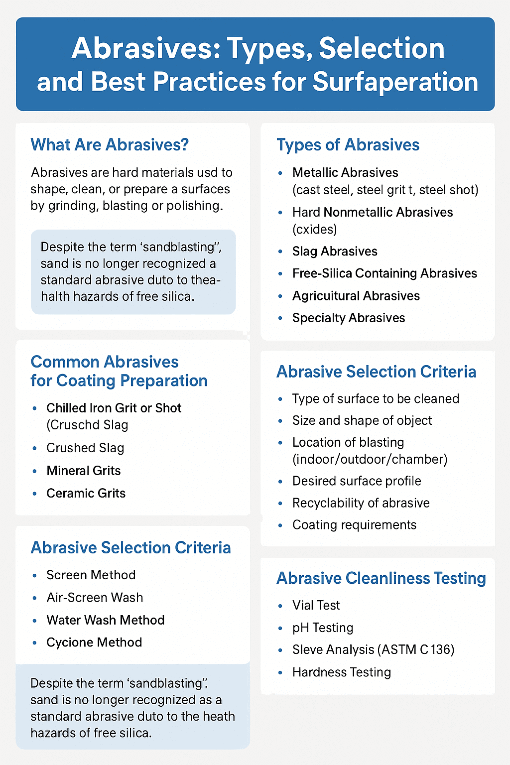 "Abrasives infographic showing types, selection criteria, recycling methods, and cleanliness testing for surface preparation."