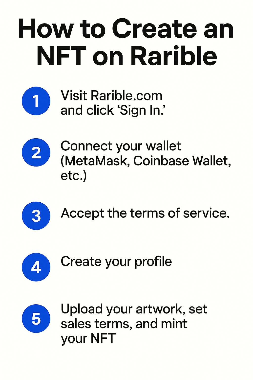 The image is a quick step-by-step guide showing how to create an NFT on Rarible, from signing in to uploading artwork and minting.
