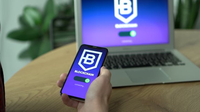 Blockchain application development illustration showing secure digital ledger, cryptocurrency icons, and global network connections