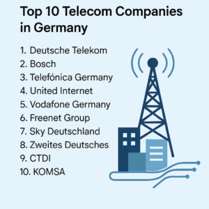 “Telecom tower with 5G antennas and fiber optic network representing Germany’s top telecommunications companies in 2025.”