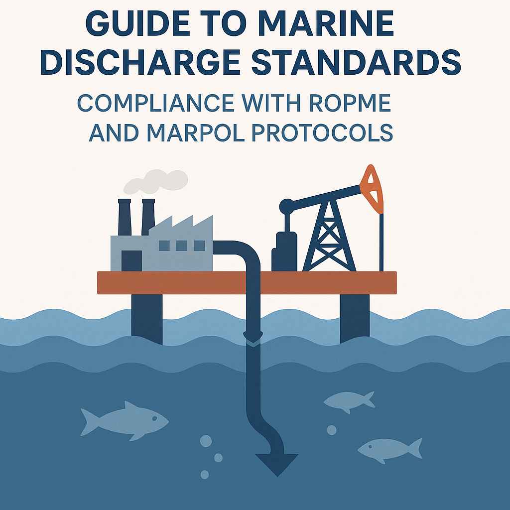 "Infographic of offshore facility showing marine discharge standards with ROPME and MARPOL compliance, wastewater treatment and clean ocean ecosystem."