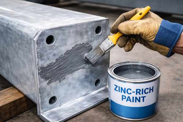 Technician applying zinc-rich paint to repair damaged hot-dip galvanized coating per ASTM A780