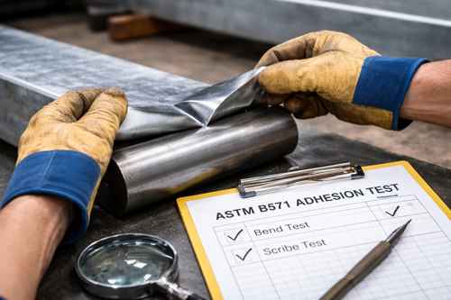 Technician performing bend adhesion test on metallic coating according to ASTM B571