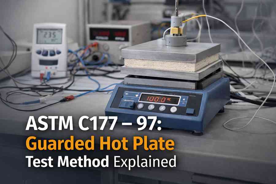 ASTM C177 guarded hot plate apparatus measuring thermal conductivity of insulation specimen under steady-state heat flux conditions