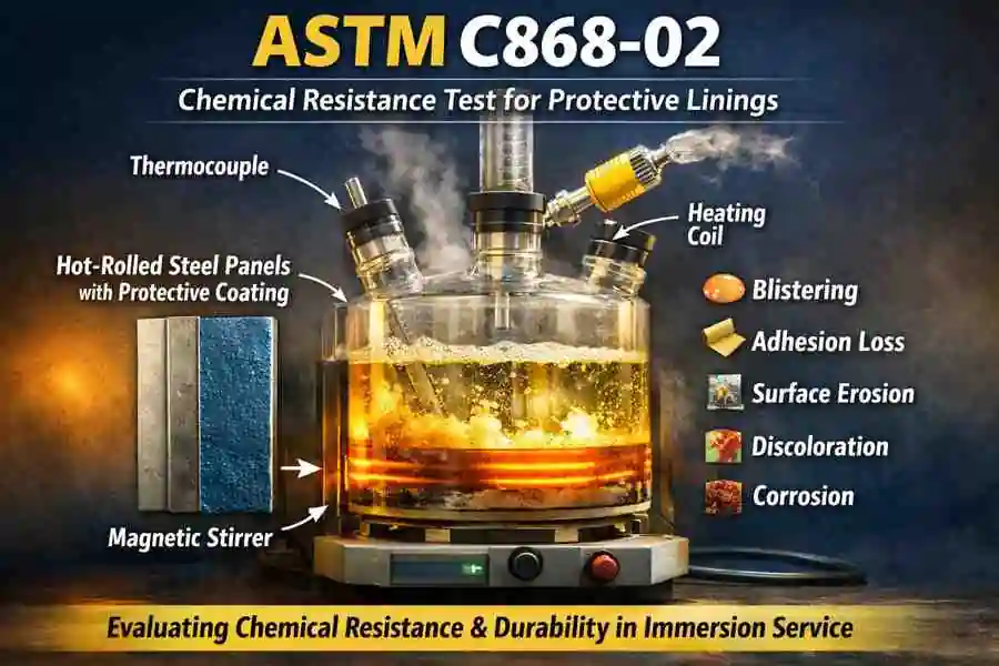 ASTM C868 chemical resistance test setup showing coated steel panel mounted on borosilicate glass immersion cell