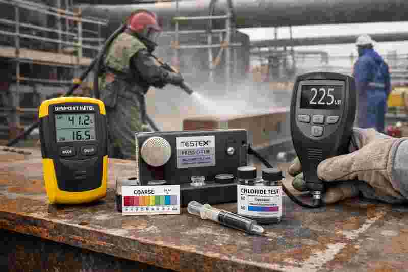 Abrasive blasting and painting procedure with DFT inspection tools