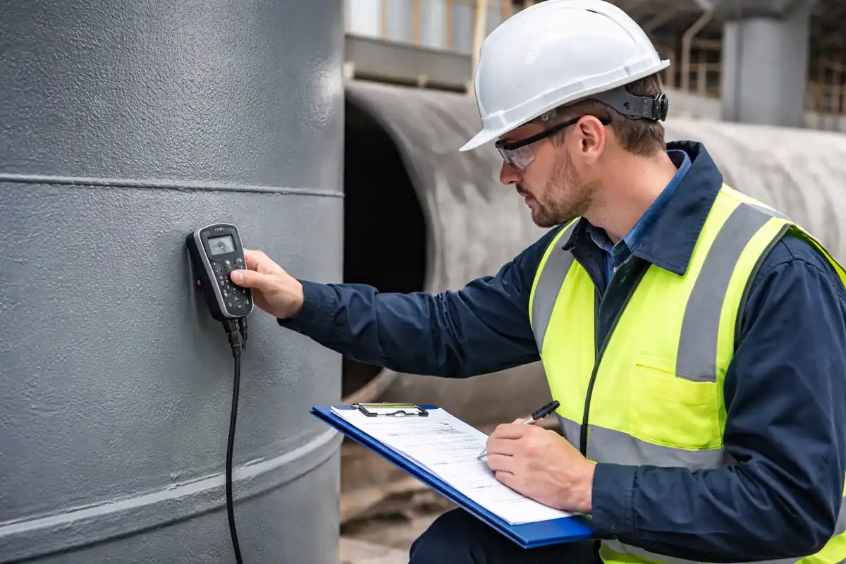 Coating inspector measuring dry film thickness on metal structure as per ASTM D3276 painting inspection guide.