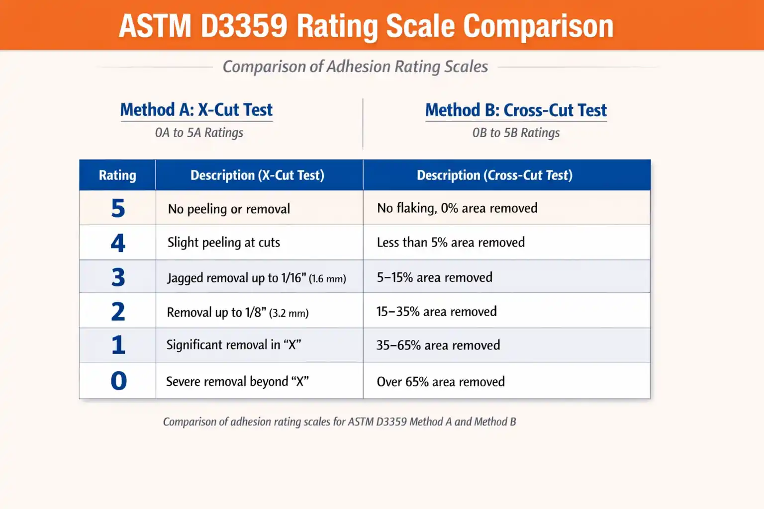 ASTM D3359 adhesion test rating scale comparison table showing 5A–0A X-cut method and 5B–0B cross-cut method classifications for coating adhesion evaluation
