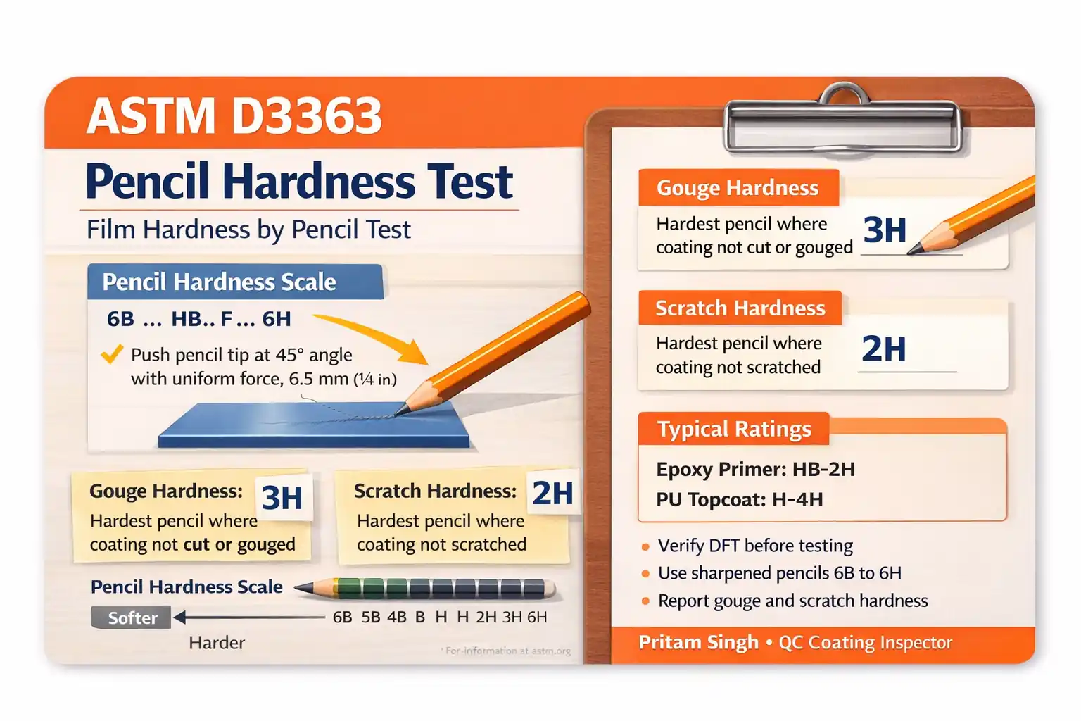 ASTM D3363 pencil hardness test infographic showing gouge hardness and scratch hardness procedure using 45 degree pencil angle on coated panel