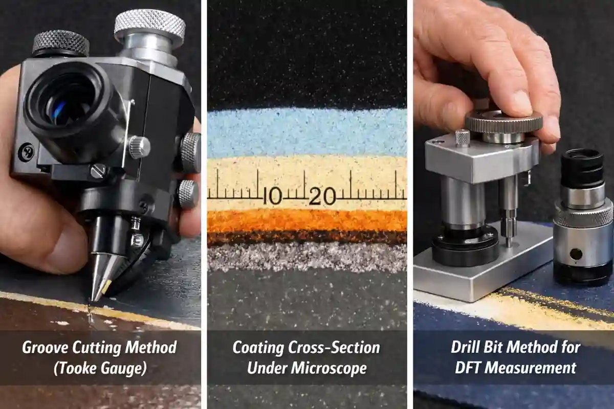 ASTM D4138 destructive dry film thickness measurement using groove cutting, microscope cross section, and drill bit method