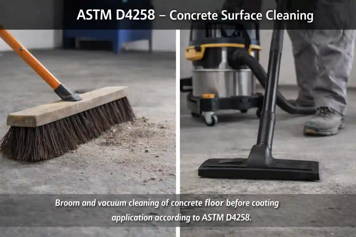 Broom and vacuum cleaning of concrete floor before coating application as per ASTM D4258