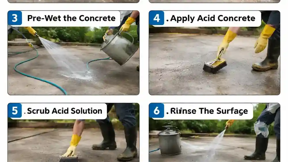 Step-by-step acid etching concrete surface preparation process for coating application as per ASTM D4260