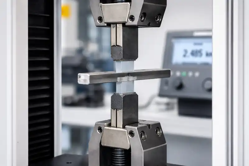 ASTM D1002 single lap joint adhesive shear strength test setup in tensile testing machine