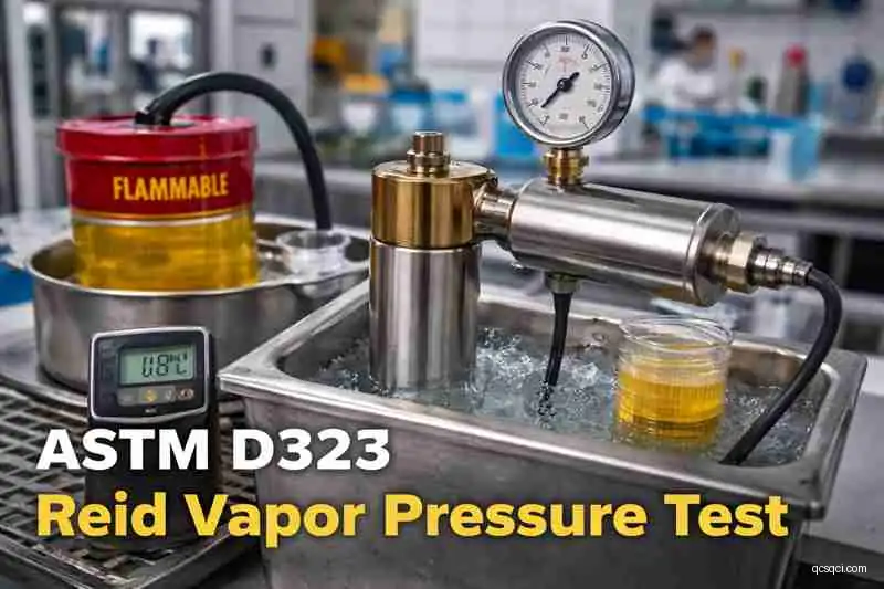 ASTM D323 Reid Vapor Pressure test apparatus measuring gasoline sample at 37.8°C in laboratory