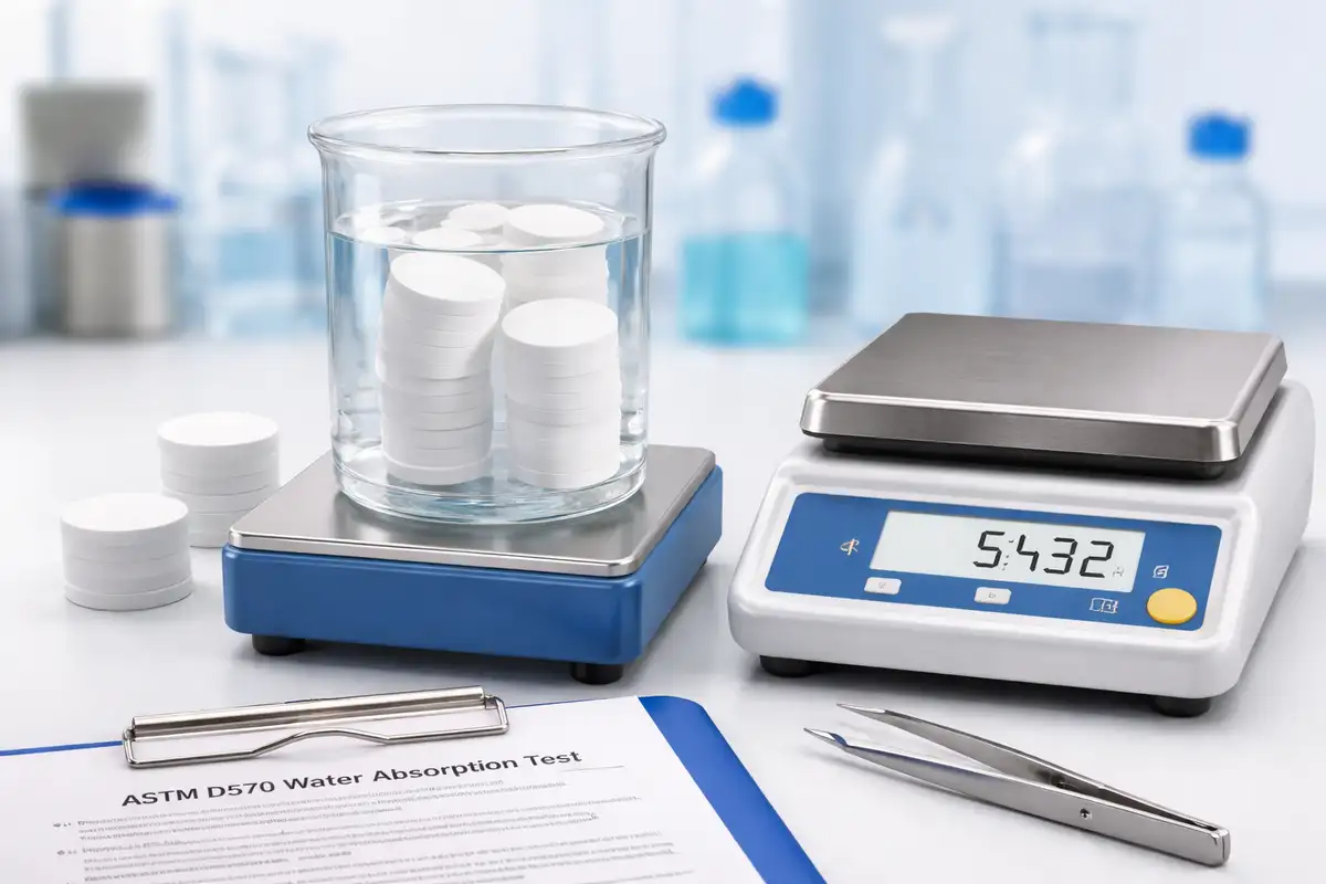 ASTM D570 water absorption test setup showing plastic specimens immersed in distilled water for weight gain measurement