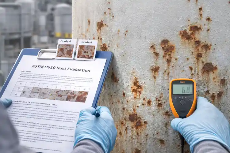 ASTM D610 rust grade evaluation showing painted steel surface with visible corrosion spots for coating inspection