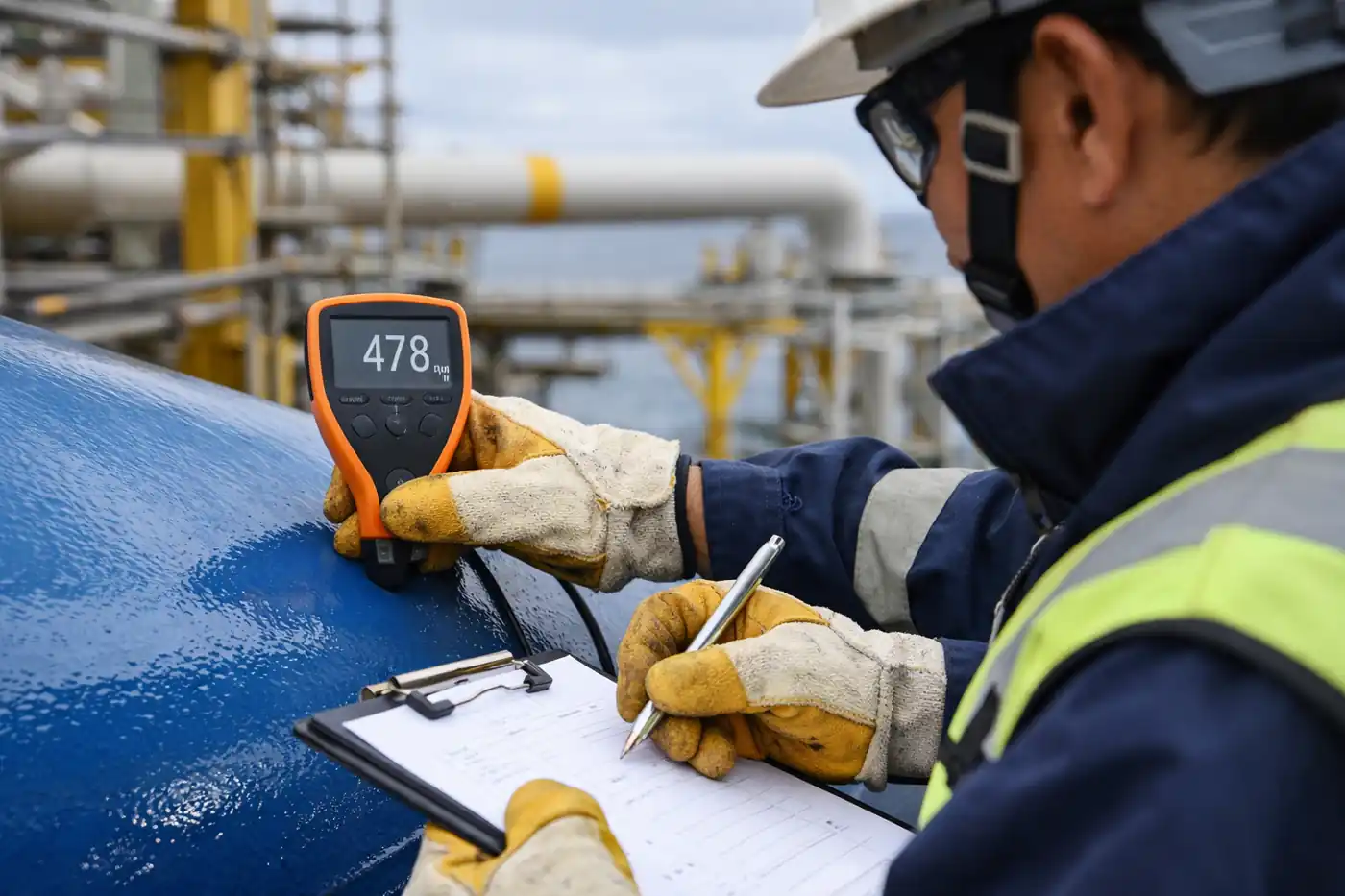 Coating inspector measuring epoxy coating dry film thickness using digital DFT gauge on industrial pipeline