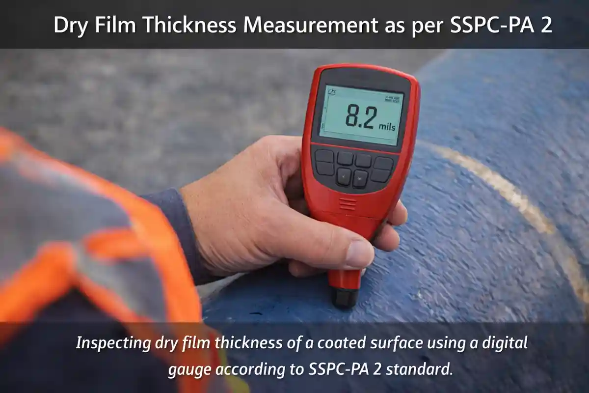 Inspector measuring dry film thickness on coated steel surface using digital gauge according to SSPC-PA 2