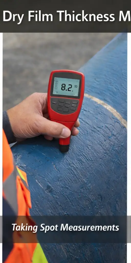 Inspector taking dry film thickness spot measurement on coated steel surface following SSPC-PA 2