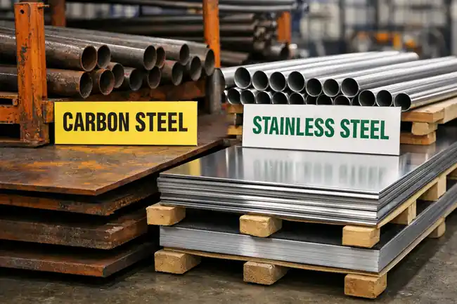 Stainless steel and carbon steel materials stored separately in industrial warehouse to prevent contamination