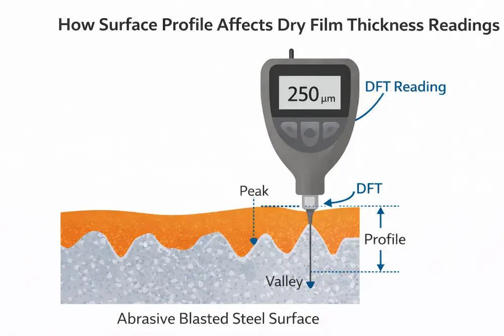 Diagram showing how surface profile peaks and valleys affect dry film thickness gauge readings on abrasive blasted steel