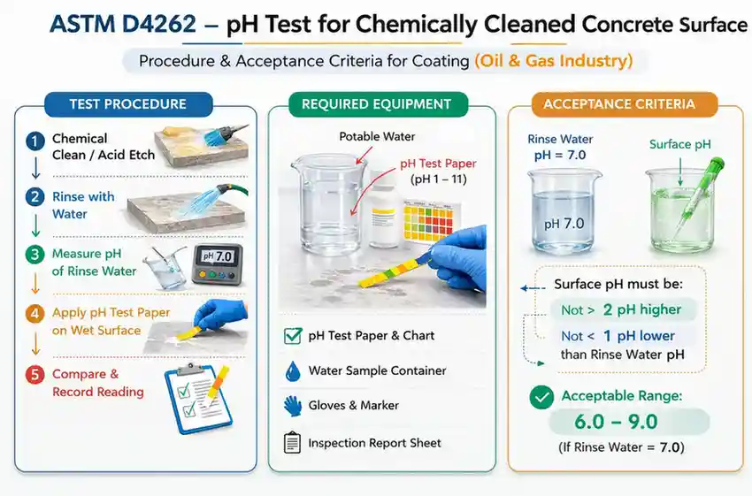 ASTM D4262 pH testing procedure for chemically cleaned concrete surface before coating application in oil and gas facilities