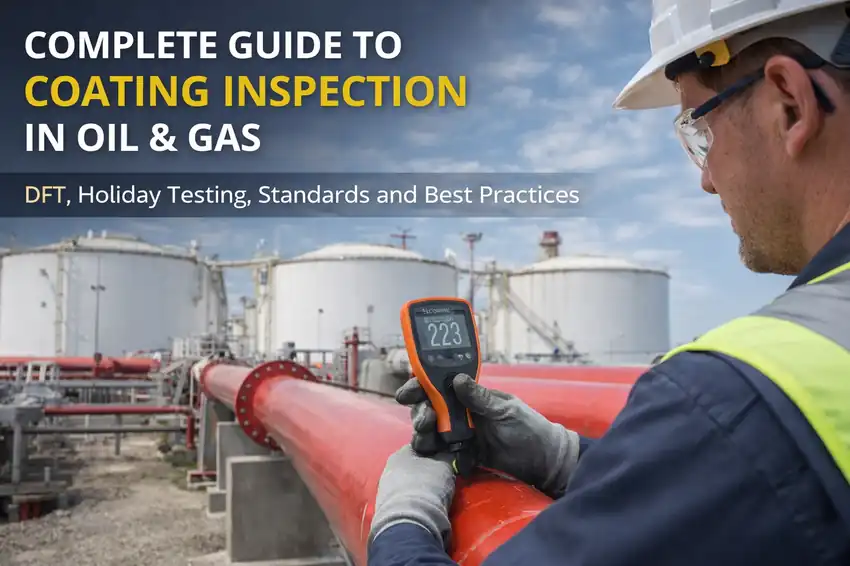 Coating inspector measuring dry film thickness on oil and gas pipeline using digital DFT gauge