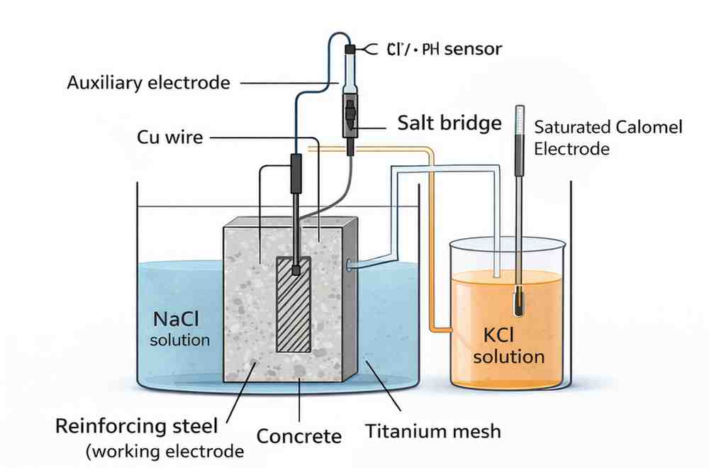 Diagram showing electrochemical testing setup for measuring pH and chloride ion concentration in reinforced concrete using auxiliary electrode, salt bridge, and reference electrode.